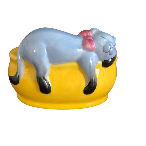 Cat 3D Sleeping Grey Yellow Planter with Pink Bow Ceramic (set of 2) - Picture 1 of 9